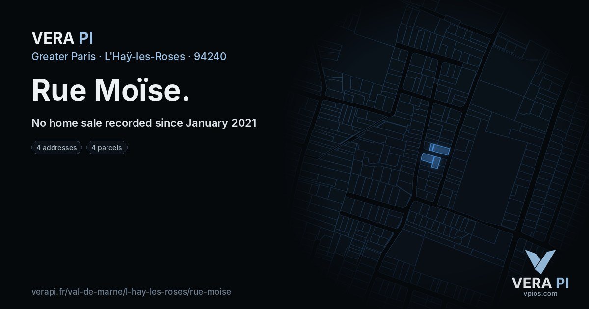 Rue Moïse, L'Haÿ-les-Roses at night – every parcel coloured by the prices around it, the street's own parcels lit