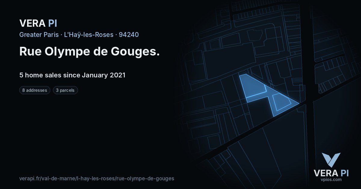 Rue Olympe de Gouges, L'Haÿ-les-Roses at night – every parcel coloured by the prices around it, the street's own parcels lit