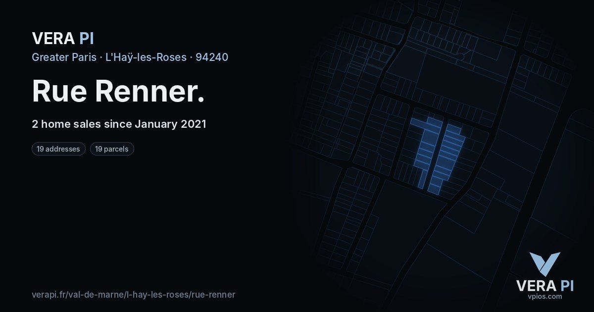Rue Renner, L'Haÿ-les-Roses at night – every parcel coloured by the prices around it, the street's own parcels lit