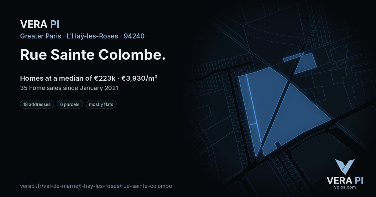 Rue Sainte Colombe, L'Haÿ-les-Roses at night – every parcel coloured by the prices around it, the street's own parcels lit
