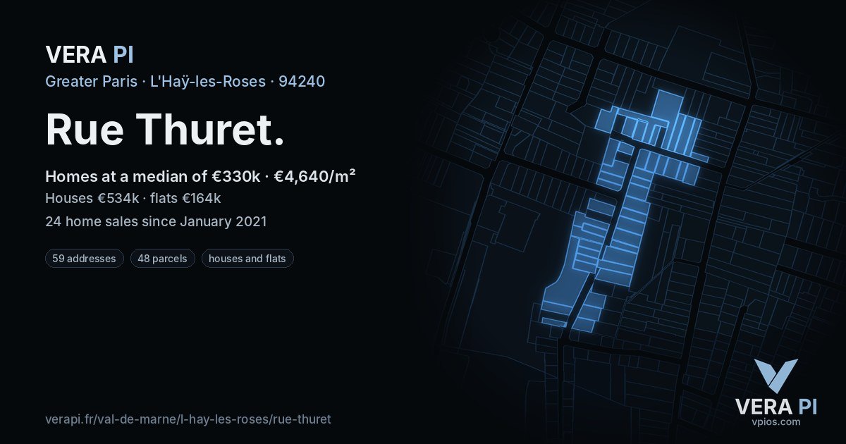 Rue Thuret, L'Haÿ-les-Roses at night – every parcel coloured by the prices around it, the street's own parcels lit