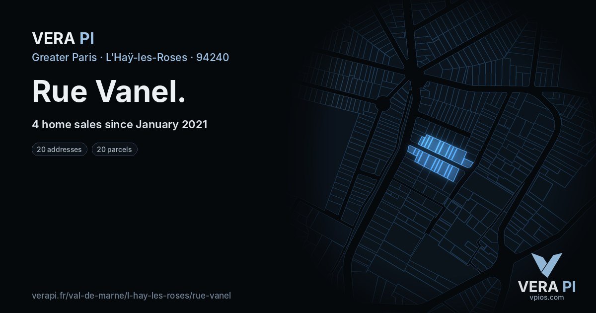Rue Vanel, L'Haÿ-les-Roses at night – every parcel coloured by the prices around it, the street's own parcels lit