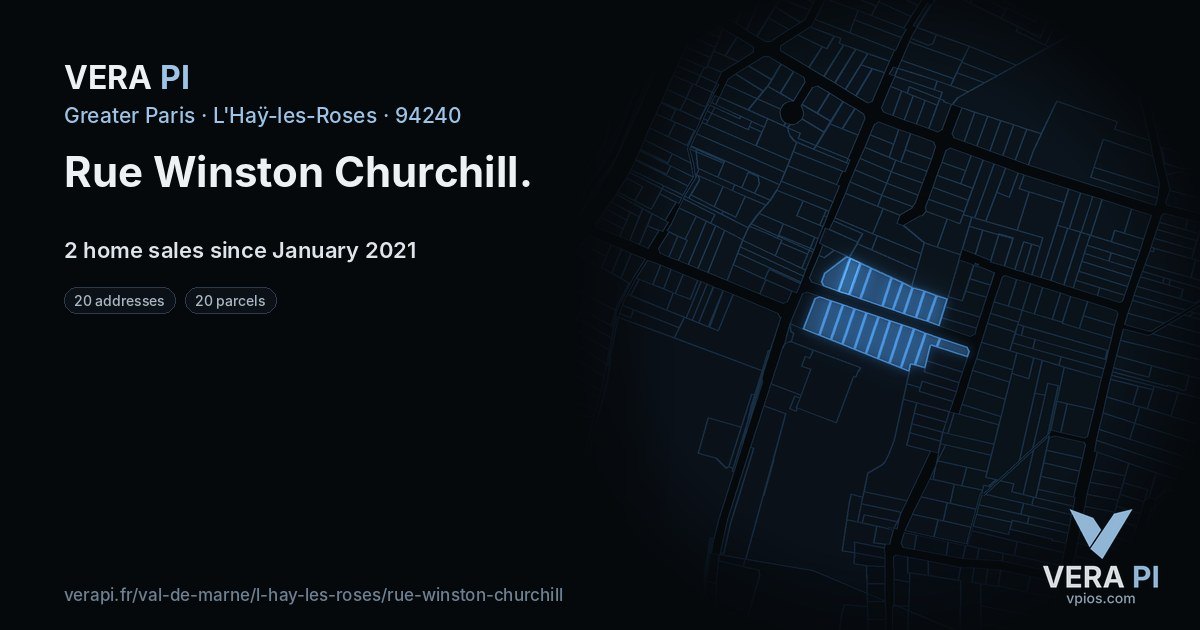 Rue Winston Churchill, L'Haÿ-les-Roses at night – every parcel coloured by the prices around it, the street's own parcels lit