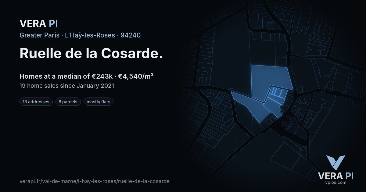 Ruelle de la Cosarde, L'Haÿ-les-Roses at night – every parcel coloured by the prices around it, the street's own parcels lit
