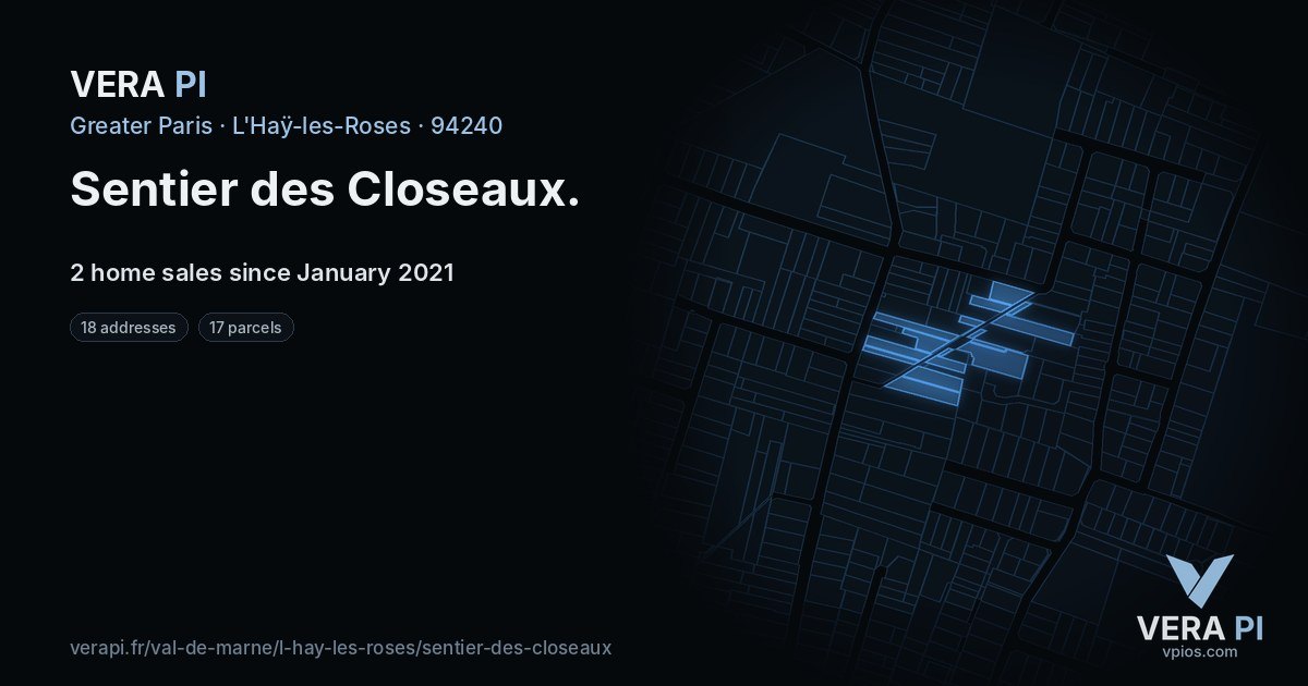 Sentier des Closeaux, L'Haÿ-les-Roses at night – every parcel coloured by the prices around it, the street's own parcels lit