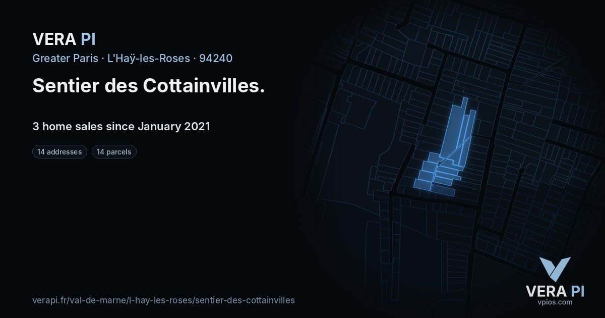 Sentier des Cottainvilles, L'Haÿ-les-Roses at night – every parcel coloured by the prices around it, the street's own parcels lit