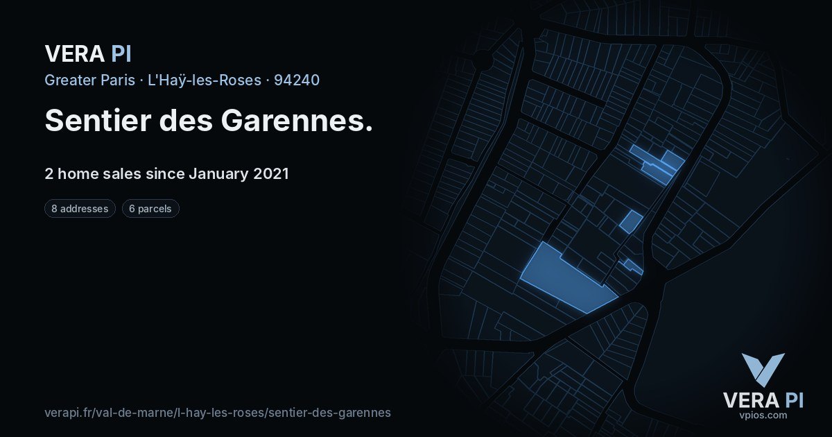 Sentier des Garennes, L'Haÿ-les-Roses at night – every parcel coloured by the prices around it, the street's own parcels lit