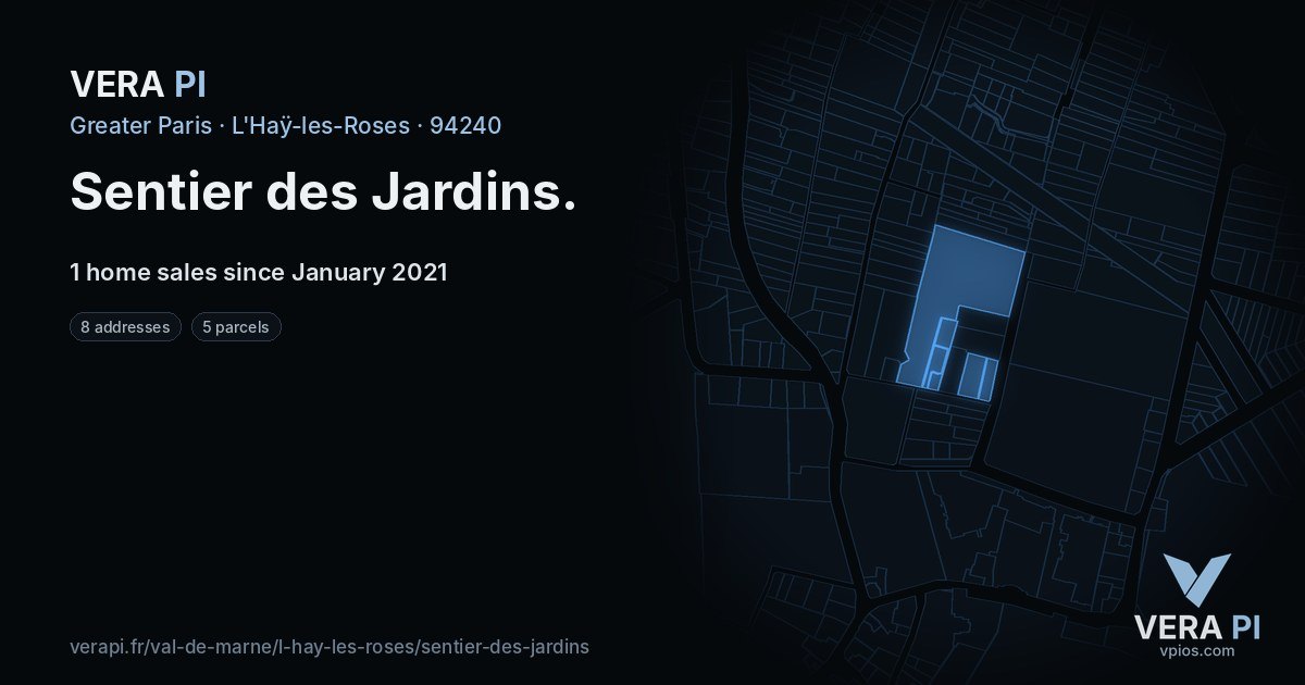 Sentier des Jardins, L'Haÿ-les-Roses at night – every parcel coloured by the prices around it, the street's own parcels lit