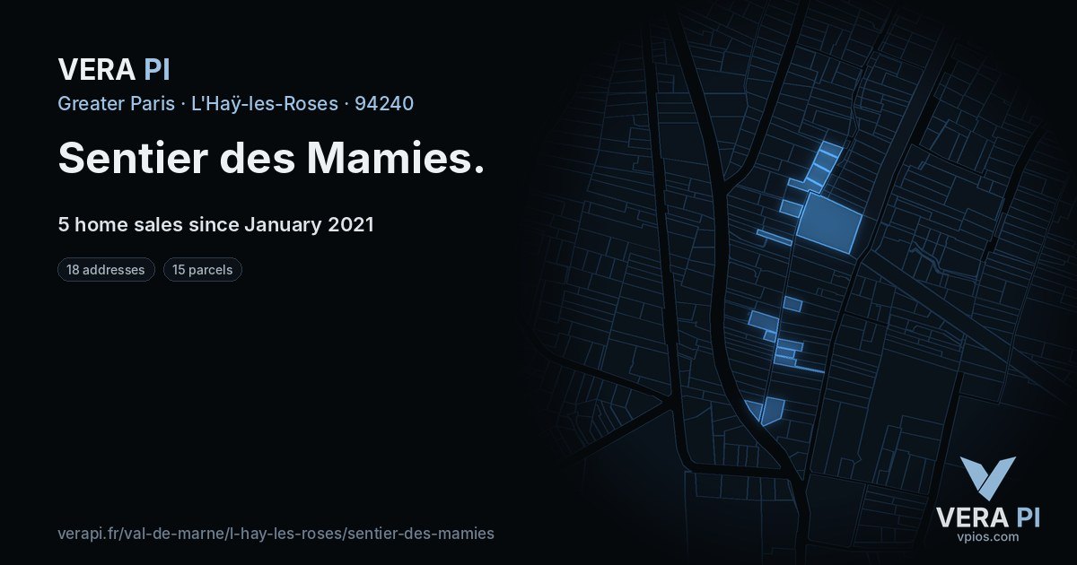 Sentier des Mamies, L'Haÿ-les-Roses at night – every parcel coloured by the prices around it, the street's own parcels lit