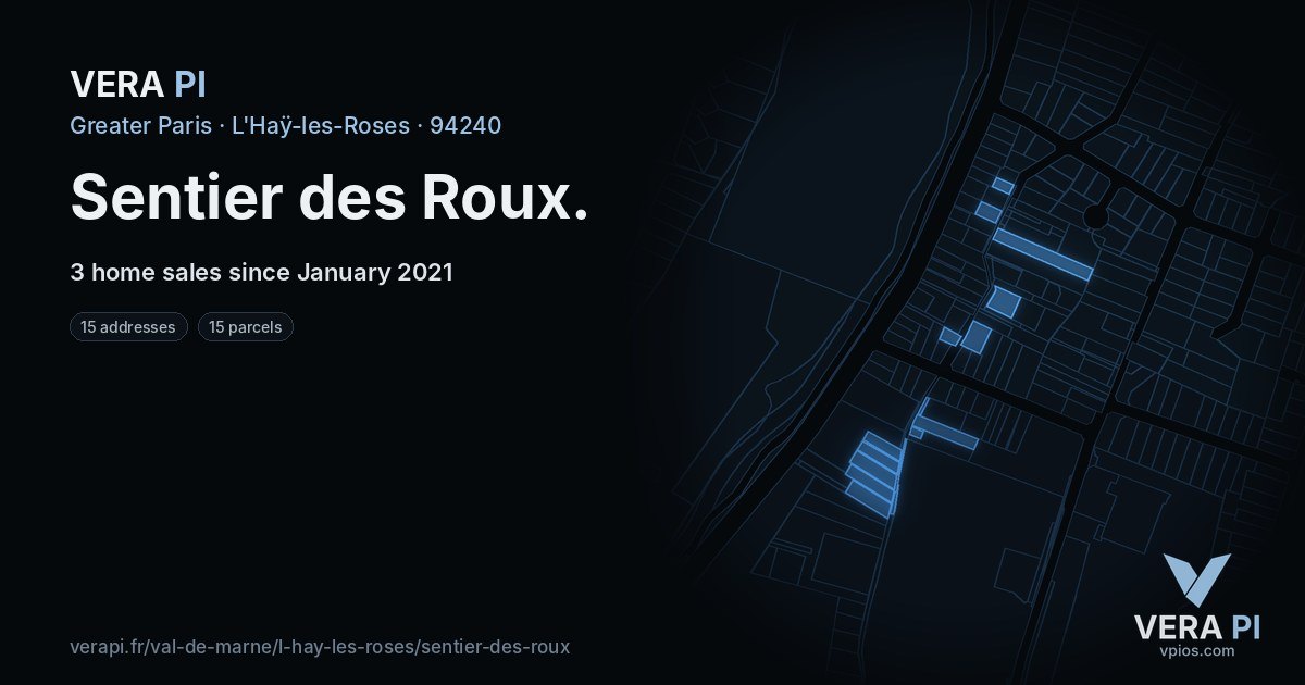 Sentier des Roux, L'Haÿ-les-Roses at night – every parcel coloured by the prices around it, the street's own parcels lit