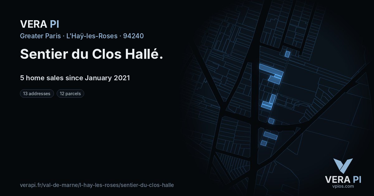 Sentier du Clos Hallé, L'Haÿ-les-Roses at night – every parcel coloured by the prices around it, the street's own parcels lit