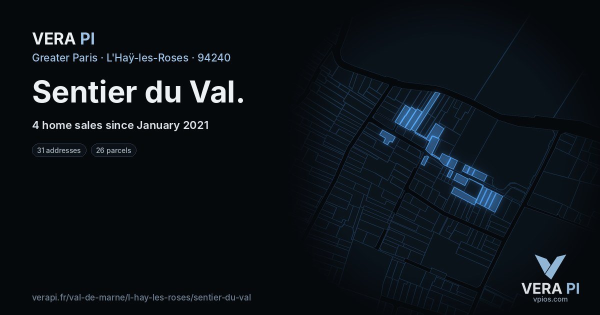 Sentier du Val, L'Haÿ-les-Roses at night – every parcel coloured by the prices around it, the street's own parcels lit