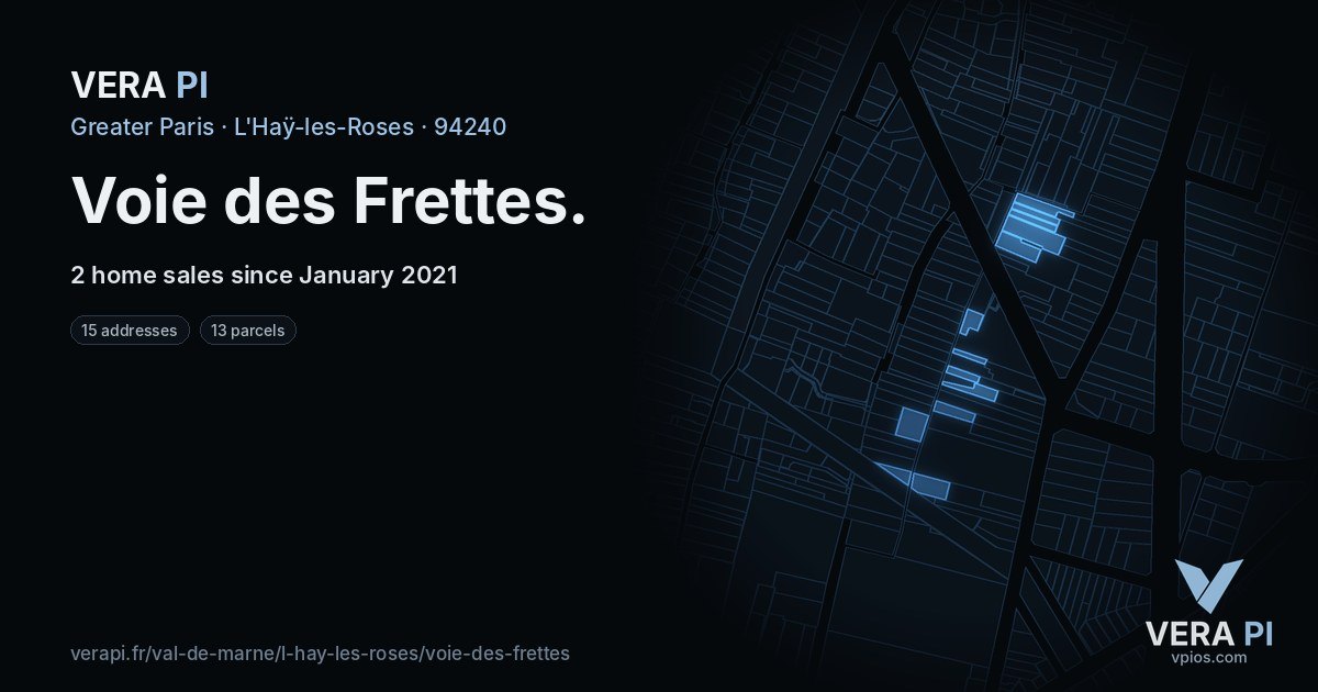 Voie des Frettes, L'Haÿ-les-Roses at night – every parcel coloured by the prices around it, the street's own parcels lit