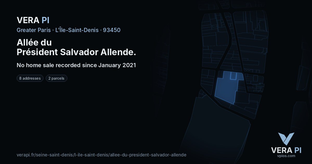 Allée du Président Salvador Allende, L'Île-Saint-Denis at night – every parcel coloured by the prices around it, the street's own parcels lit