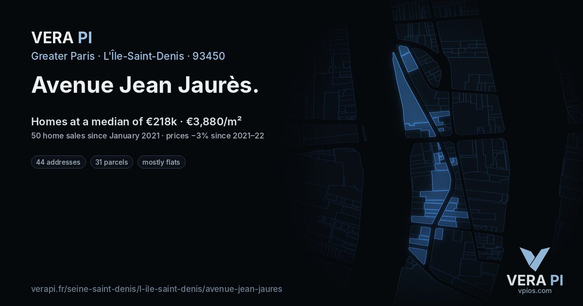 Avenue Jean Jaurès, L'Île-Saint-Denis at night – every parcel coloured by the prices around it, the street's own parcels lit