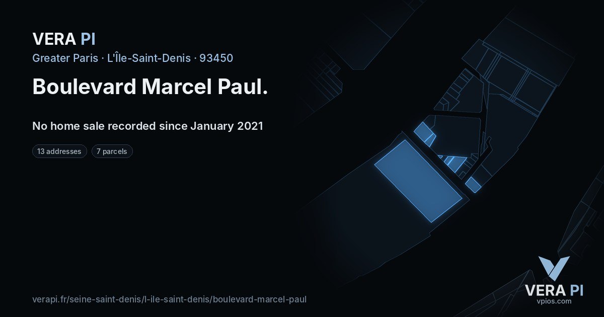 Boulevard Marcel Paul, L'Île-Saint-Denis at night – every parcel coloured by the prices around it, the street's own parcels lit