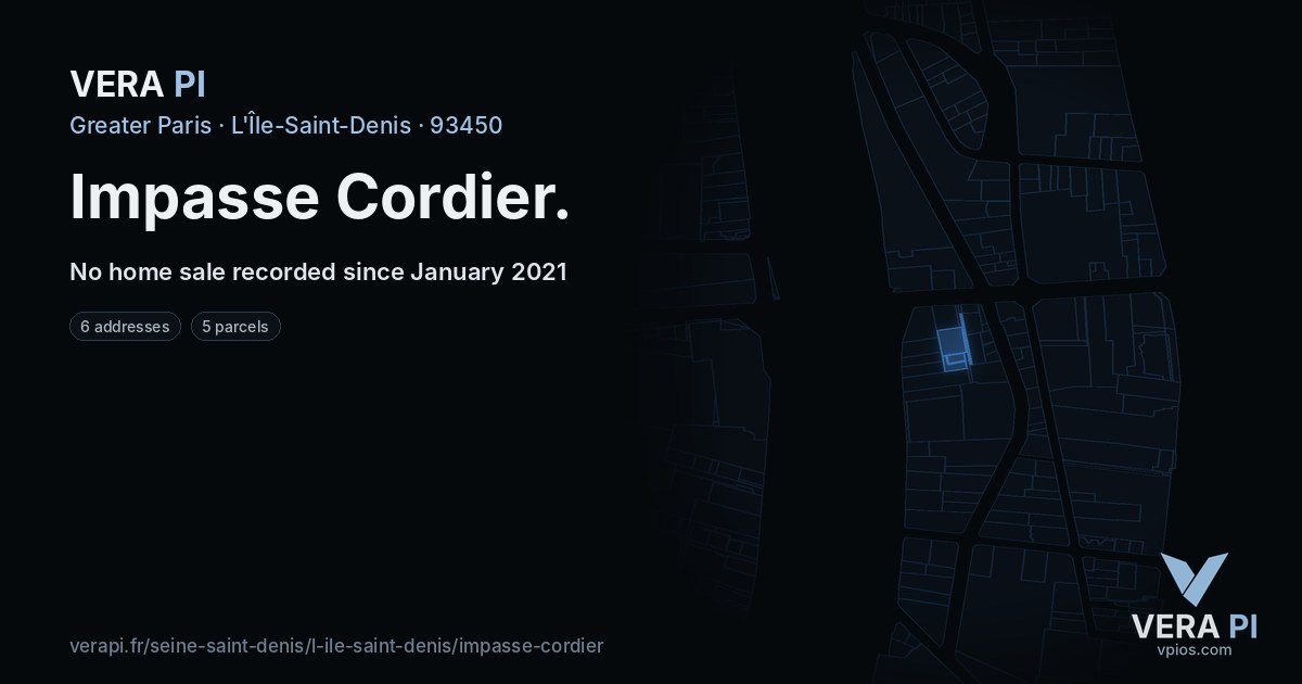 Impasse Cordier, L'Île-Saint-Denis at night – every parcel coloured by the prices around it, the street's own parcels lit