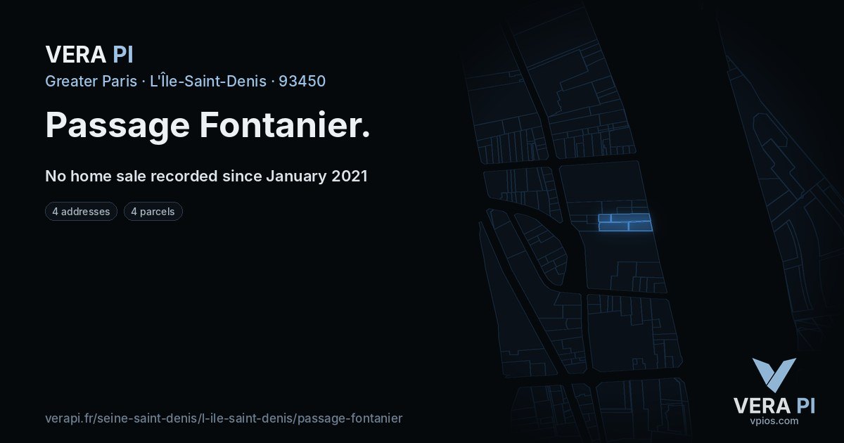 Passage Fontanier, L'Île-Saint-Denis at night – every parcel coloured by the prices around it, the street's own parcels lit