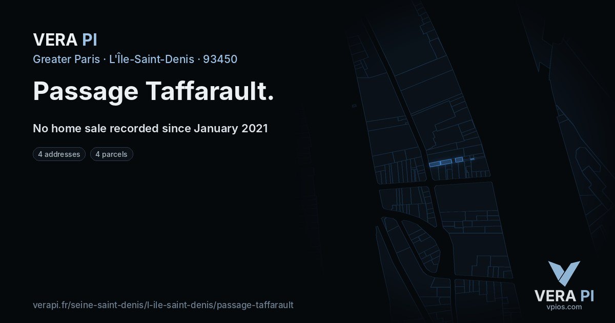 Passage Taffarault, L'Île-Saint-Denis at night – every parcel coloured by the prices around it, the street's own parcels lit