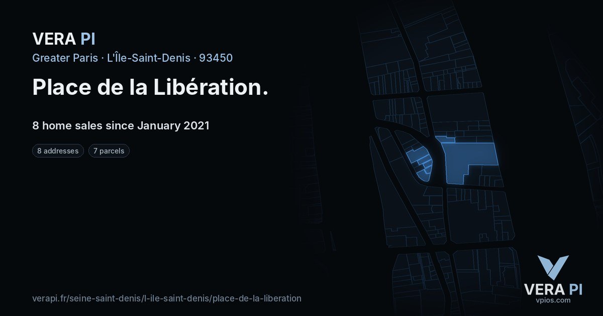 Place de la Libération, L'Île-Saint-Denis at night – every parcel coloured by the prices around it, the street's own parcels lit