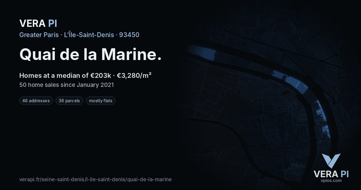 Quai de la Marine, L'Île-Saint-Denis at night – every parcel coloured by the prices around it, the street's own parcels lit