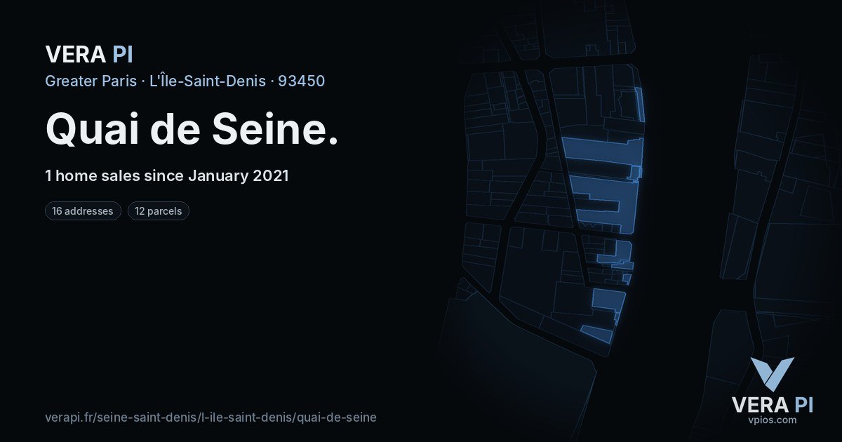 Quai de Seine, L'Île-Saint-Denis at night – every parcel coloured by the prices around it, the street's own parcels lit