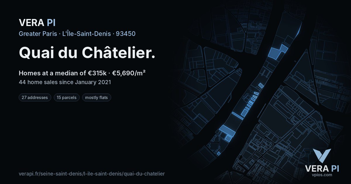 Quai du Châtelier, L'Île-Saint-Denis at night – every parcel coloured by the prices around it, the street's own parcels lit