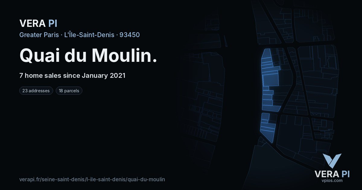 Quai du Moulin, L'Île-Saint-Denis at night – every parcel coloured by the prices around it, the street's own parcels lit