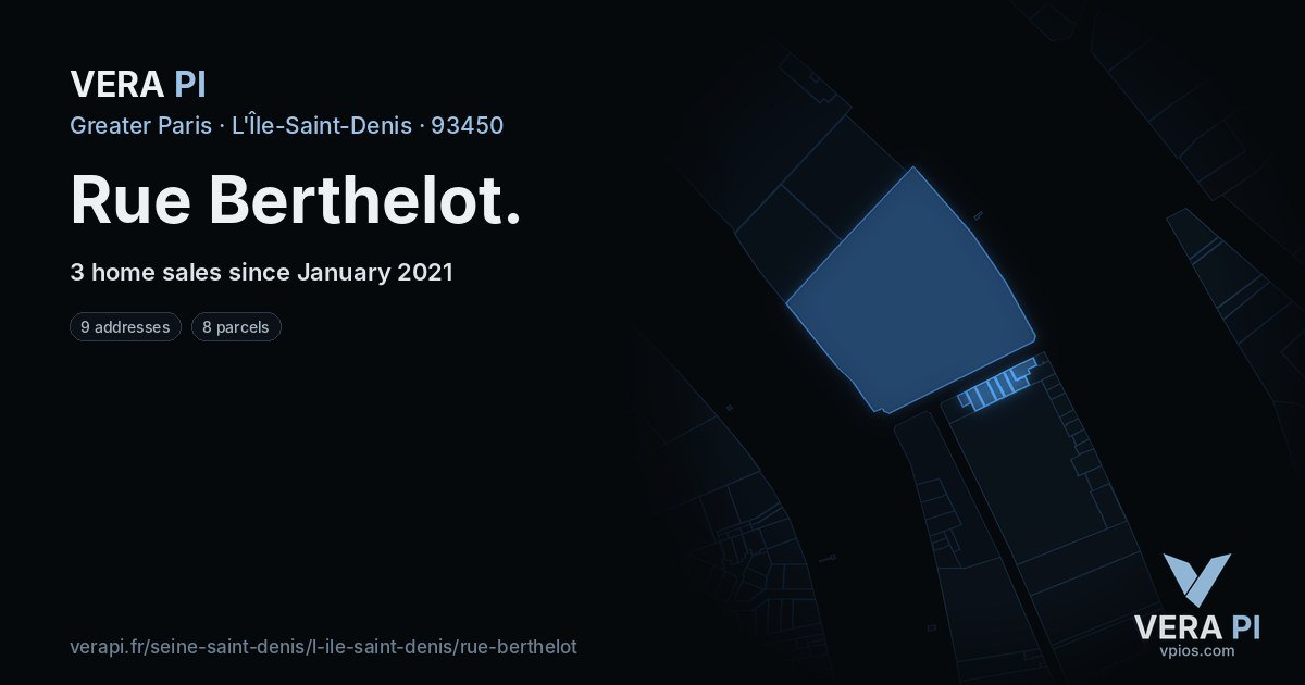 Rue Berthelot, L'Île-Saint-Denis at night – every parcel coloured by the prices around it, the street's own parcels lit