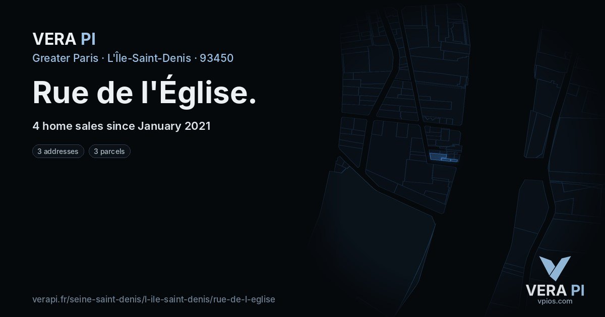 Rue de l'Église, L'Île-Saint-Denis at night – every parcel coloured by the prices around it, the street's own parcels lit