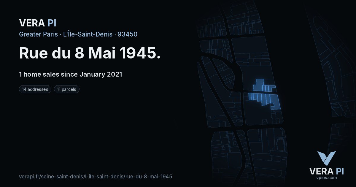 Rue du 8 Mai 1945, L'Île-Saint-Denis at night – every parcel coloured by the prices around it, the street's own parcels lit