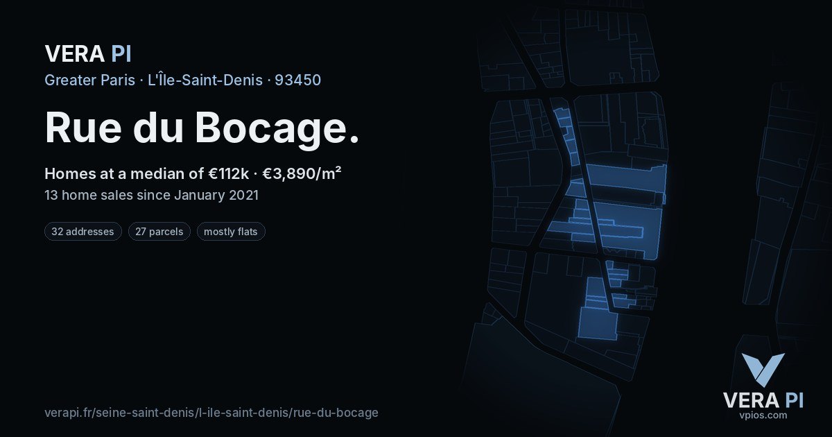 Rue du Bocage, L'Île-Saint-Denis at night – every parcel coloured by the prices around it, the street's own parcels lit