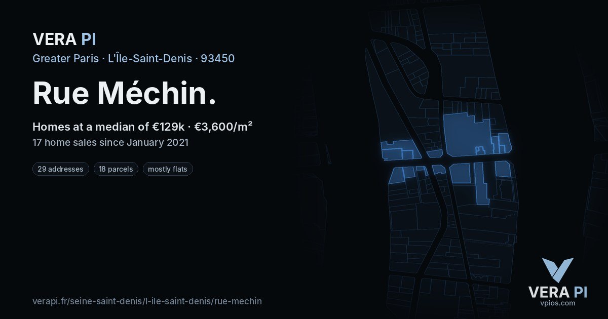 Rue Méchin, L'Île-Saint-Denis at night – every parcel coloured by the prices around it, the street's own parcels lit