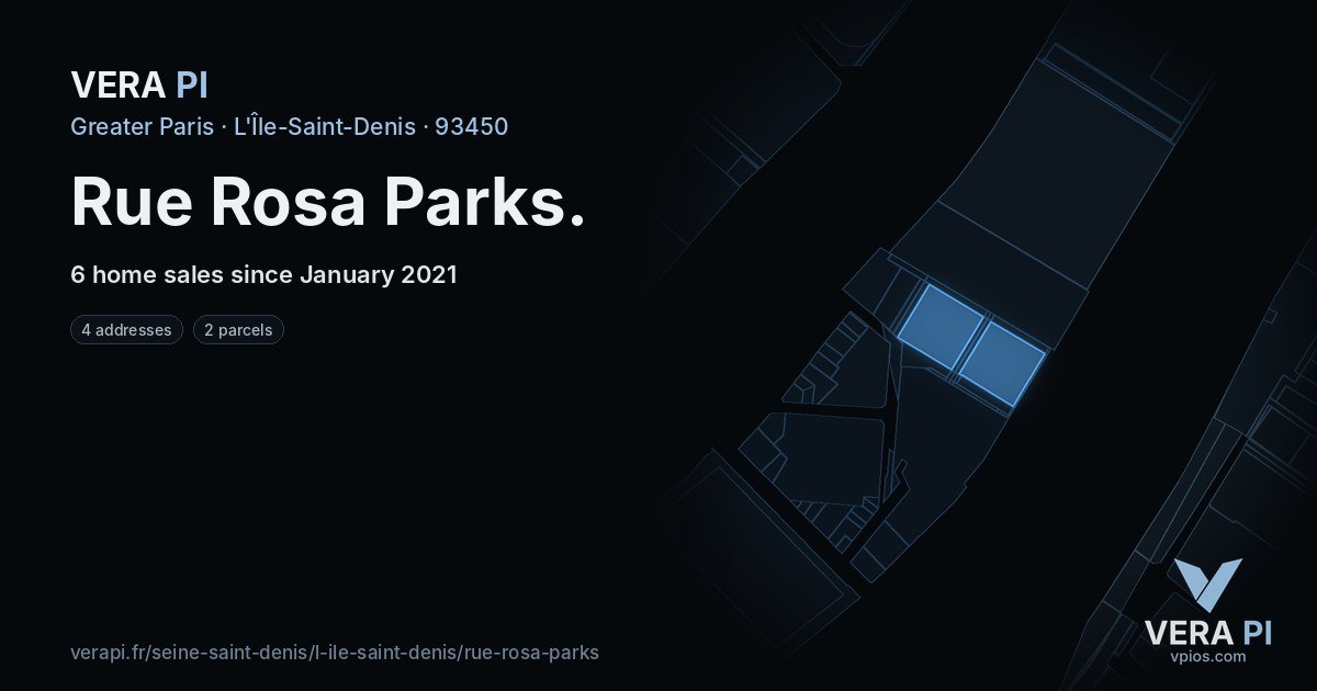 Rue Rosa Parks, L'Île-Saint-Denis at night – every parcel coloured by the prices around it, the street's own parcels lit