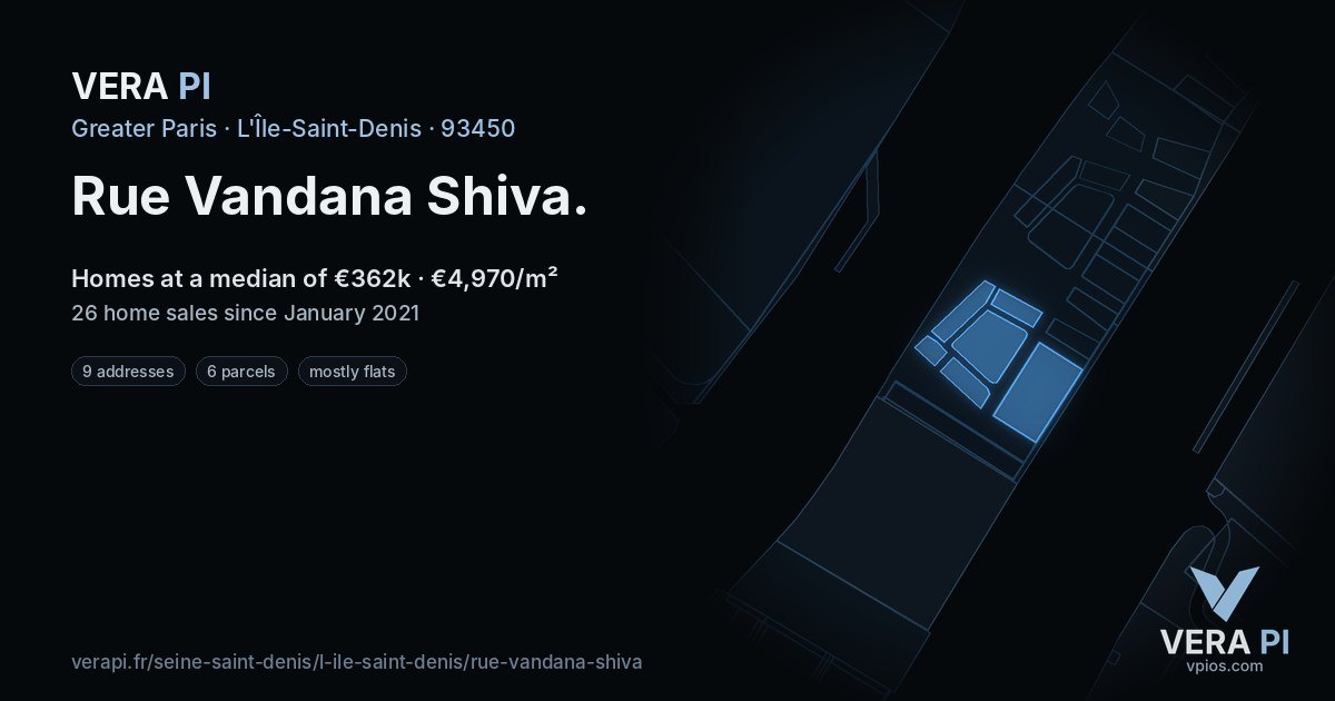 Rue Vandana Shiva, L'Île-Saint-Denis at night – every parcel coloured by the prices around it, the street's own parcels lit