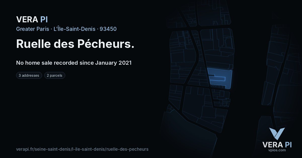 Ruelle des Pécheurs, L'Île-Saint-Denis at night – every parcel coloured by the prices around it, the street's own parcels lit