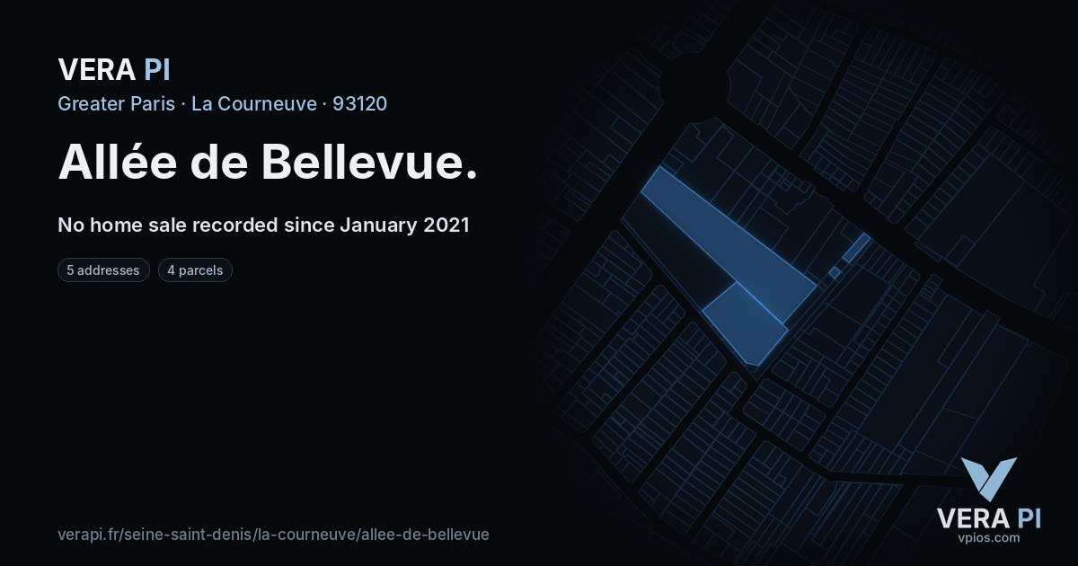 Allée de Bellevue, La Courneuve at night – every parcel coloured by the prices around it, the street's own parcels lit