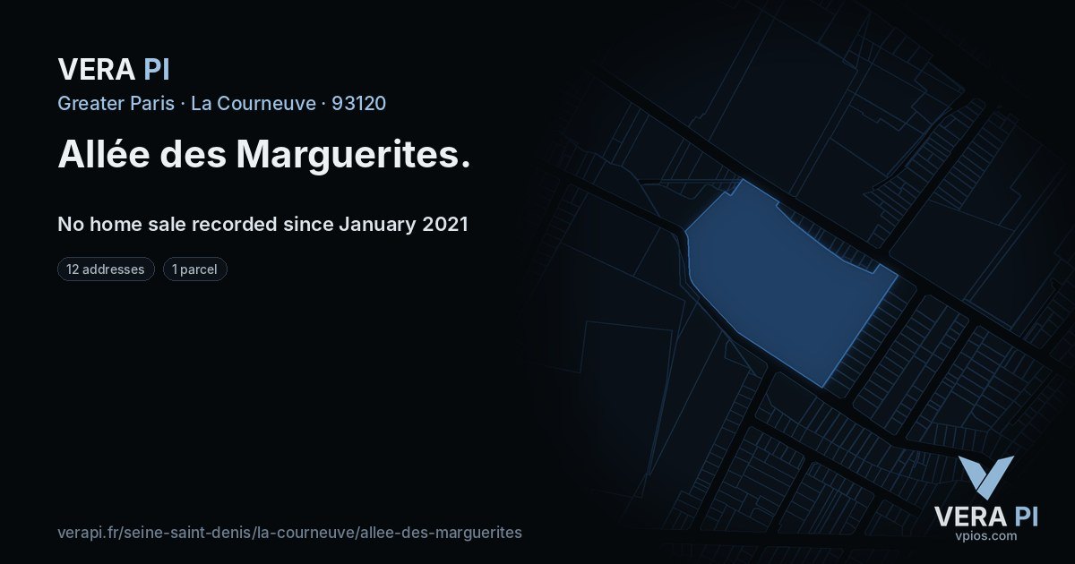 Allée des Marguerites, La Courneuve at night – every parcel coloured by the prices around it, the street's own parcels lit