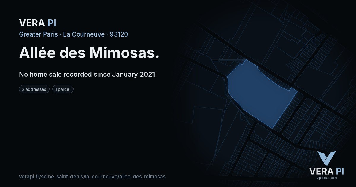Allée des Mimosas, La Courneuve at night – every parcel coloured by the prices around it, the street's own parcels lit