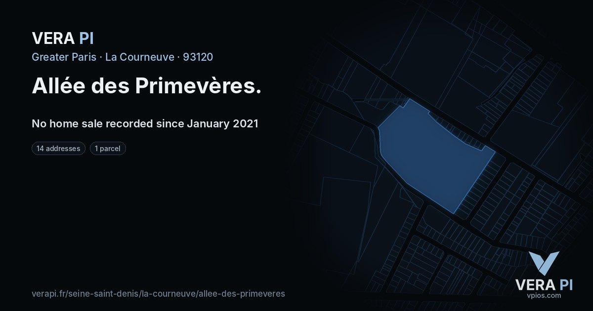 Allée des Primevères, La Courneuve at night – every parcel coloured by the prices around it, the street's own parcels lit