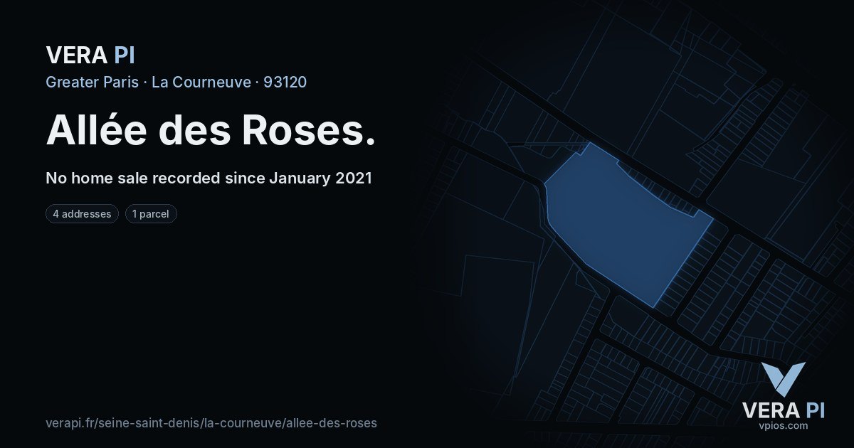 Allée des Roses, La Courneuve at night – every parcel coloured by the prices around it, the street's own parcels lit