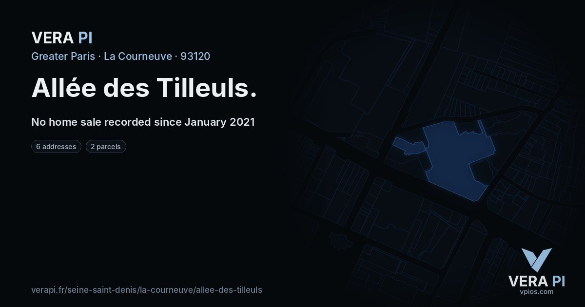 Allée des Tilleuls, La Courneuve at night – every parcel coloured by the prices around it, the street's own parcels lit