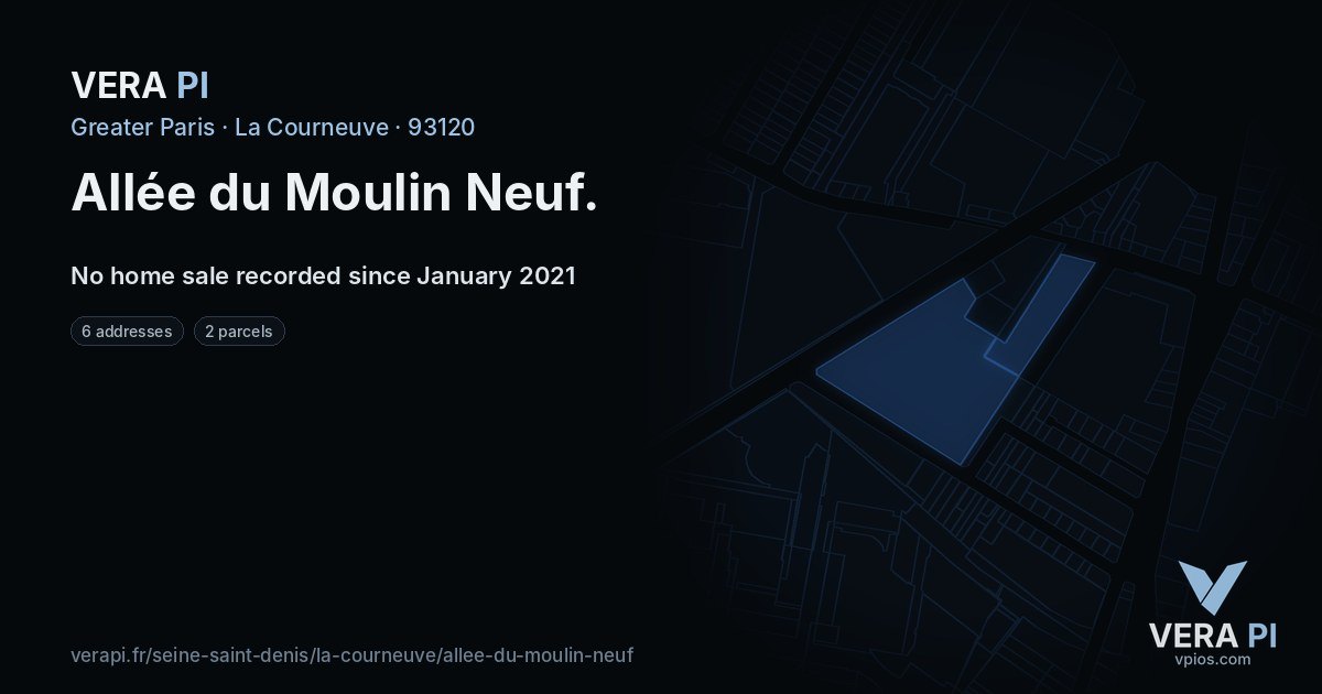 Allée du Moulin Neuf, La Courneuve at night – every parcel coloured by the prices around it, the street's own parcels lit