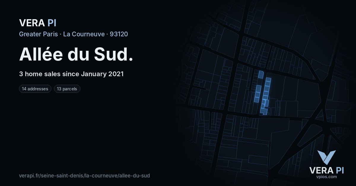 Allée du Sud, La Courneuve at night – every parcel coloured by the prices around it, the street's own parcels lit