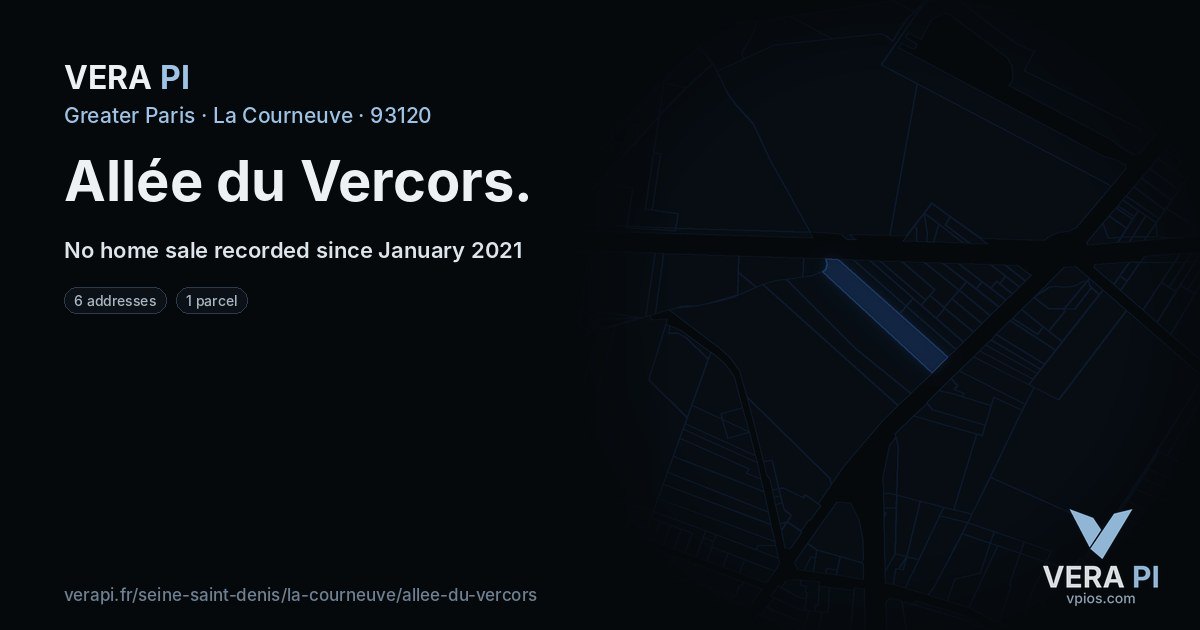Allée du Vercors, La Courneuve at night – every parcel coloured by the prices around it, the street's own parcels lit