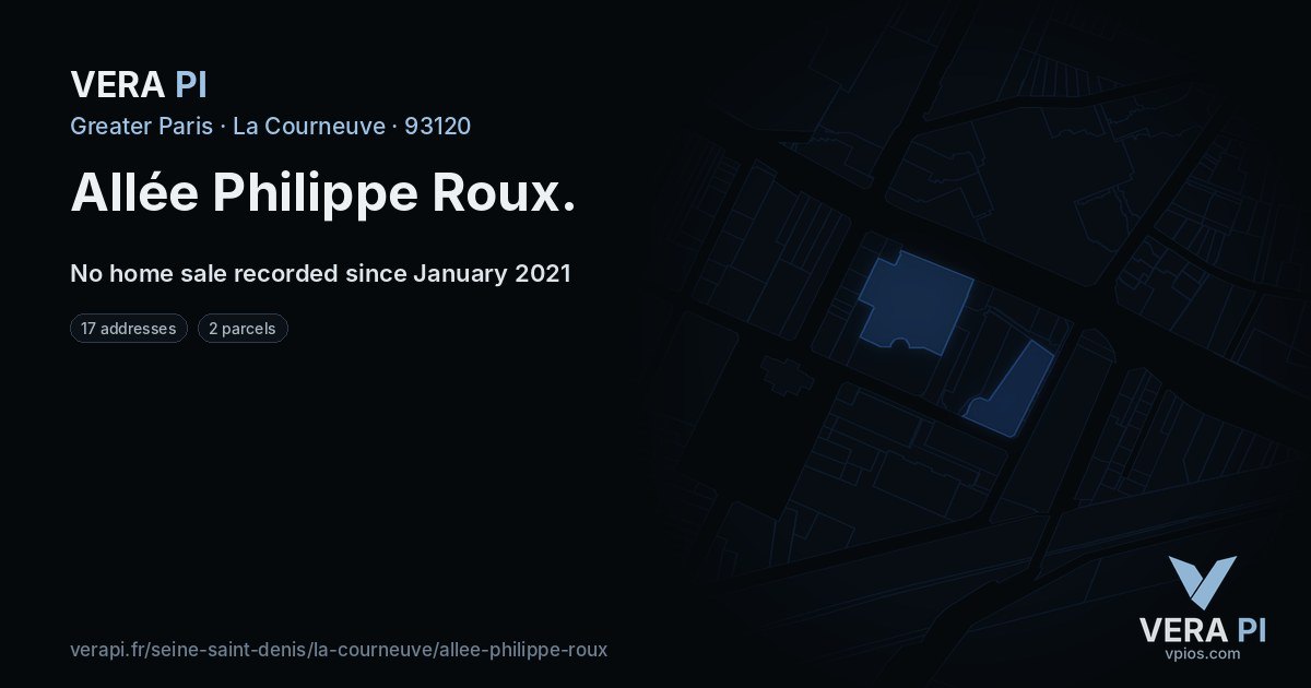Allée Philippe Roux, La Courneuve at night – every parcel coloured by the prices around it, the street's own parcels lit