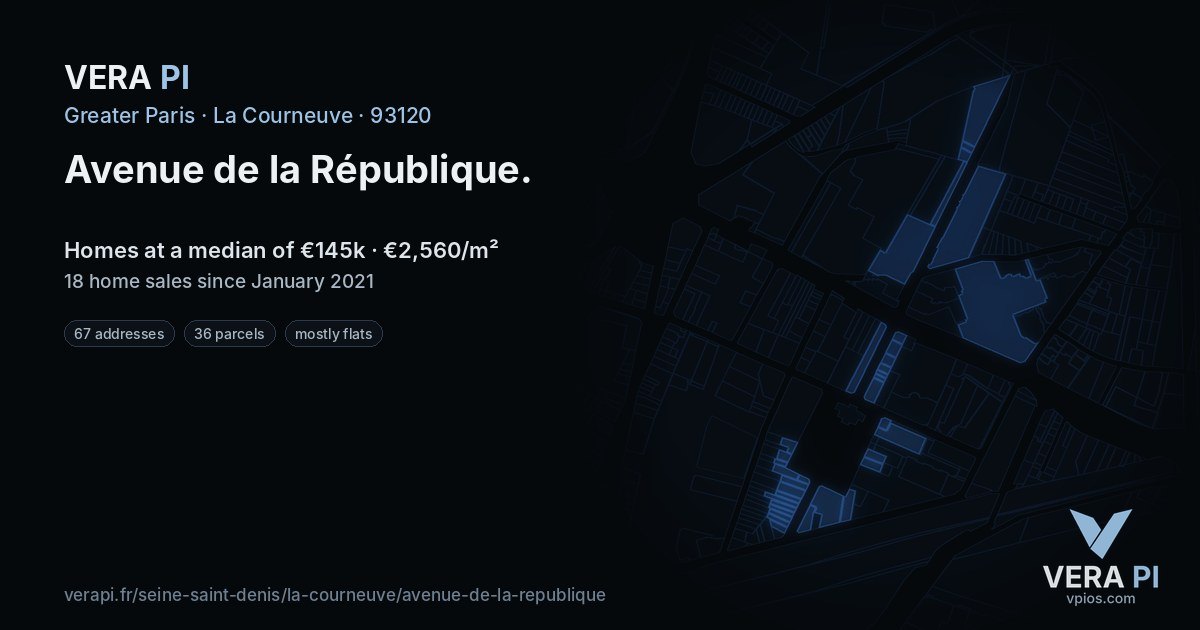 Avenue de la République, La Courneuve at night – every parcel coloured by the prices around it, the street's own parcels lit