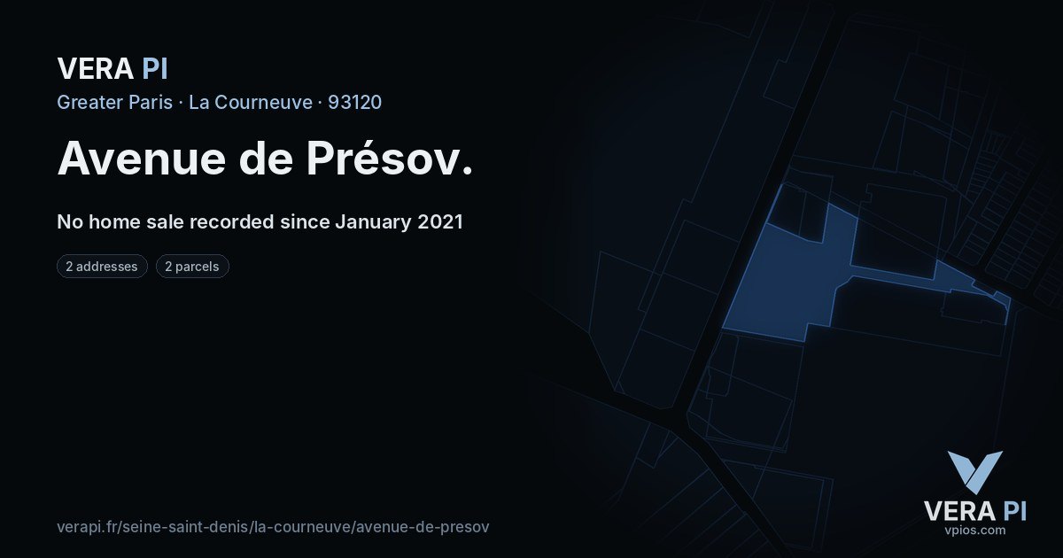 Avenue de Présov, La Courneuve at night – every parcel coloured by the prices around it, the street's own parcels lit