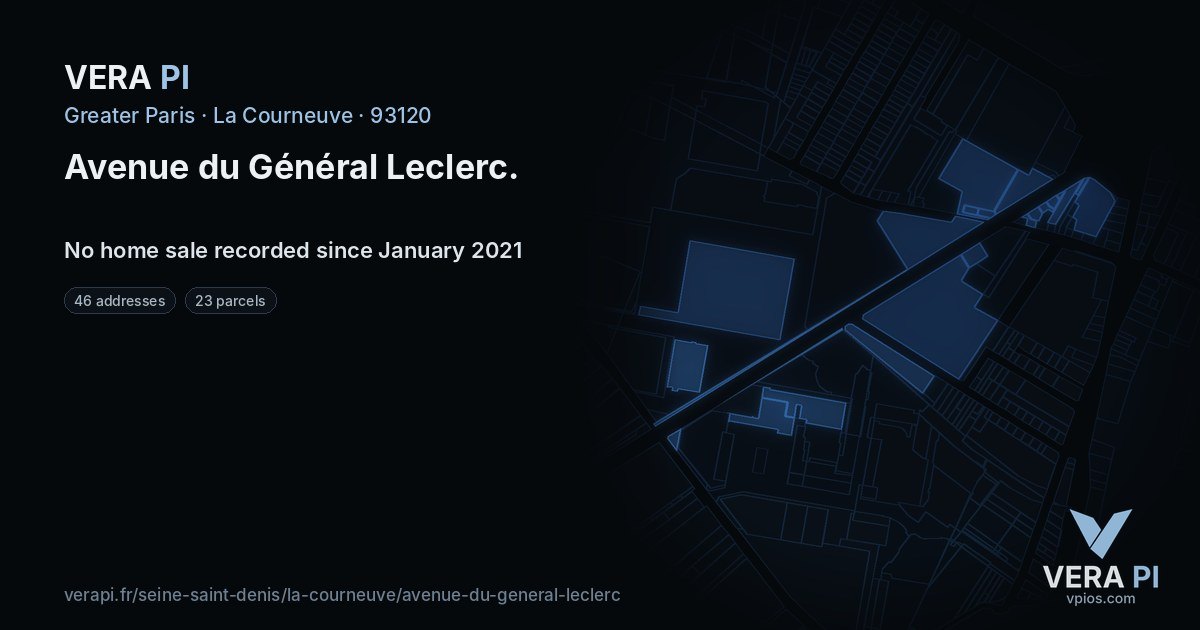 Avenue du Général Leclerc, La Courneuve at night – every parcel coloured by the prices around it, the street's own parcels lit