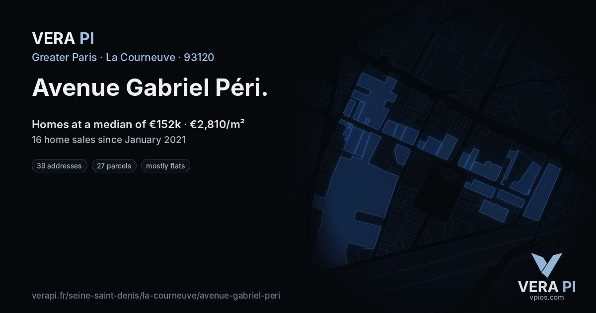 Avenue Gabriel Péri, La Courneuve at night – every parcel coloured by the prices around it, the street's own parcels lit